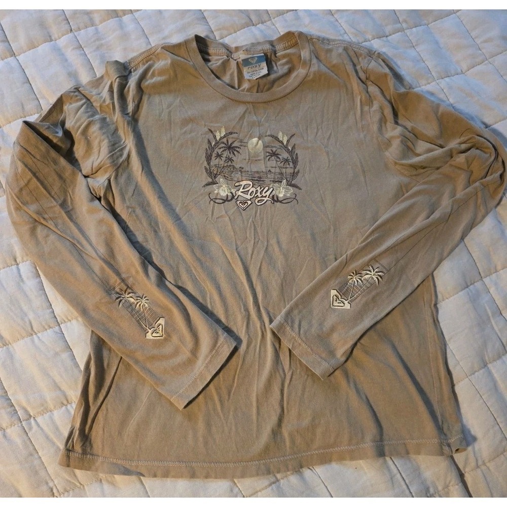 Roxy Quiksilver Vtg Y2K Surf Skate Logo Long Sleeve Women's T Shirt XL USA Tan‎